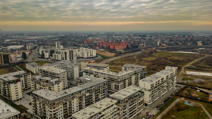 Aerial photography Santa Giulia, Milan, Italy 3.01.2023 residential area on the south-eastern outskirts of Milan, between the districts of Rogoredo and Talledo