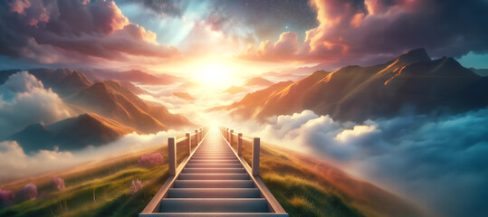 Stairway Leading Up To Sky At Sunrise - Resurrection And Entrance Of Heaven - obrazy, fototapety, plakaty