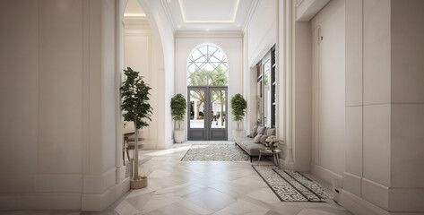 Photorealistic Grand Foyer with Marble Floors, Neutral Tones, and Sunlit Arched Entryway in a Symmetrical Layout