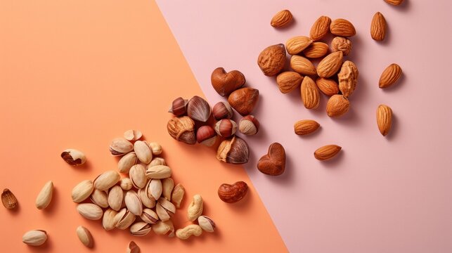  a bunch of nuts sitting next to each other on top of a pink and orange surface with a pink and orange background next to the nuts on top of the picture.