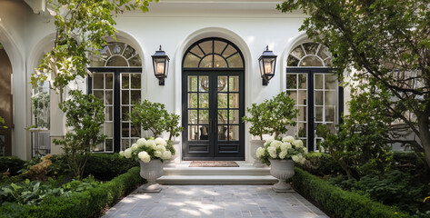Fototapeta premium Luxury Home Entrance with White Exterior Decorative Trees and Lantern Lights