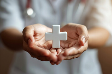AI image: hands hold plus symbol, healthcare icon. Signifying health insurance, medical welfare, and universal access to healthcare—a fusion of technology, wellness, and inclusivity.