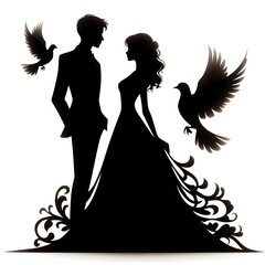Silhouette of a man and woman with flowers on a white background., of a loving couple on a white background with hearts
