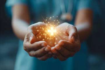 AI image: hands hold plus symbol, healthcare icon. Signifying health insurance, medical welfare, and universal access to healthcare—a fusion of technology, wellness, and inclusivity.