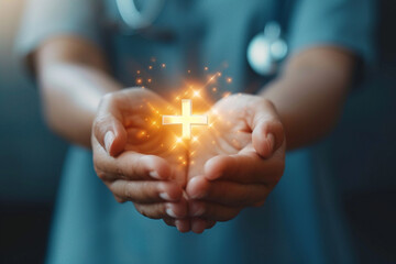 AI image: hands hold plus symbol, healthcare icon. Signifying health insurance, medical welfare, and universal access to healthcare—a fusion of technology, wellness, and inclusivity. - obrazy, fototapety, plakaty