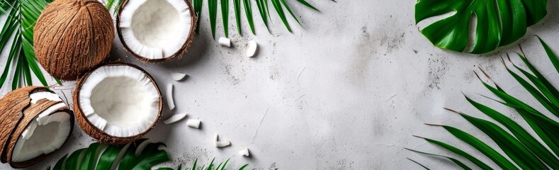 Free Copy Summer Flat lay background. Frame of tropical leaves and fresh coconut on light gray background top view copy space. Healthy cooking. Creative healthy food concept, half of coconut, nature - obrazy, fototapety, plakaty