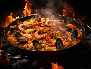  a paella of paella with shrimp, mussels, and shrimp on a bed of rice in a skillet on a table with flames in the background.