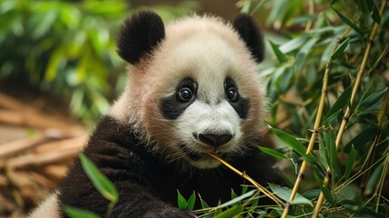  a close up of a panda bear eating a bamboo plant and looking at the camera with a sad look on his face and a blurry look on his face.