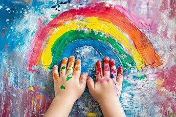 Child drawing rainbow paint on hands  - Powered by Adobe