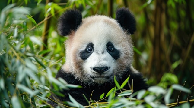  a close up of a panda bear in a field of grass with trees in the back ground and one of the bears'eyes are blue and the other is black and white.