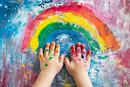Child drawing rainbow paint on hands 
