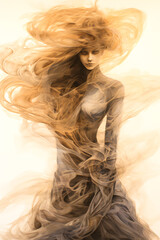 Creative artistic fantasy sketch of a young woman made of smoke and steam