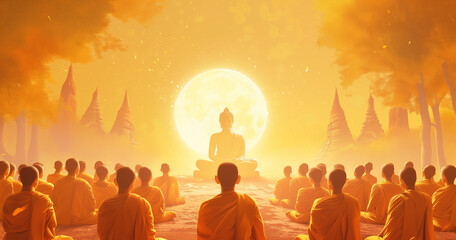 Illustrating Makha Bucha Day, capturing the moment of Buddha delivering teachings to 1,250 monks shortly before his passing. Vector illustration conveying spiritual significance - obrazy, fototapety, plakaty