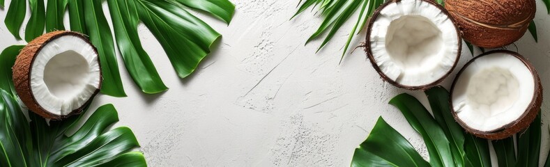 Fototapeta na wymiar Free Copy Summer Flat lay background. Frame of tropical leaves and fresh coconut on light gray background top view copy space. Healthy cooking. Creative healthy food concept, half of coconut, nature