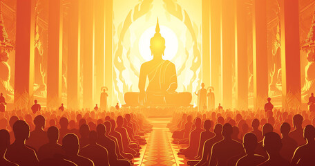 Illustrating Makha Bucha Day, capturing the moment of Buddha delivering teachings to 1,250 monks shortly before his passing. Vector illustration conveying spiritual significance