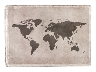 Sheet of old damaged paper with uneven edges, folds and stains with an outline image of a world map painted in ink or watercolour in brown. 