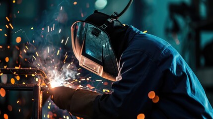 worker with protective mask welding metal (welding, welder, steel)