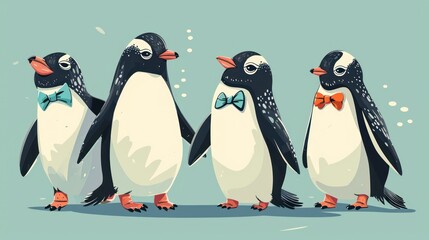  a group of three penguins standing next to each other on top of a blue background with snow flakes on the top of their heads and bottom of the penguins are wearing bow ties.