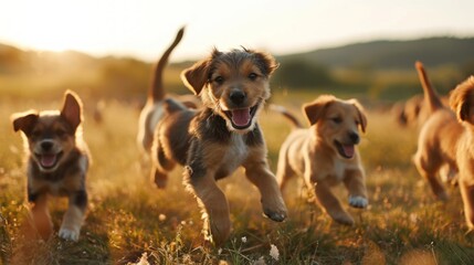  a group of puppies running in a field of grass with the sun shining through the grass and the dog is in the middle of the foreground of the picture.