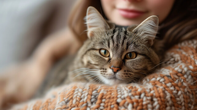 Cat snuggling with owner