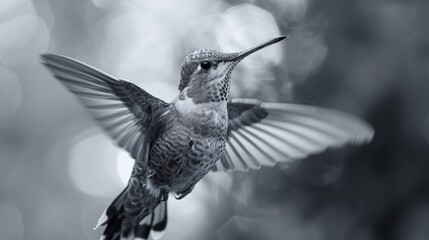  a black and white photo of a hummingbird flapping it's wings to look like it has just taken off of a tree with its wings spread out. - obrazy, fototapety, plakaty