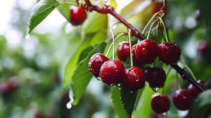 a close up of cherries on a tree with drops of water on the leaves and on the branches of the cherries are dew drops of dew on the cherries.