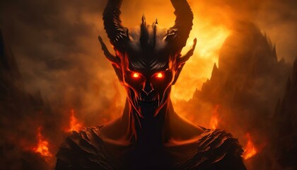 Demon with glowing eyes and horns looking at you in fiery hell with lava in background