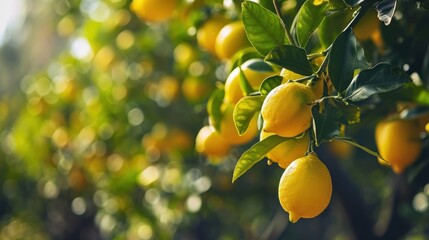  a bunch of lemons hanging from a tree with green leaves and bright sunlight shining through the leaves and the fruit on the tree is almost ready to be picked. - obrazy, fototapety, plakaty