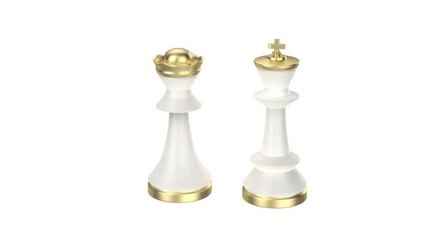 White queen and king chess pieces on white background