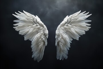 Pair Of Ethereal Angel Wings Gently Floating In Darkness