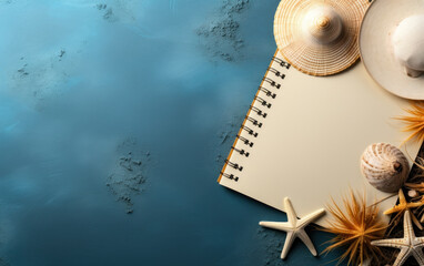Summer vacation planning concept with straw hat, starfish, seashells, and blank notebook on blue textured background, space for text