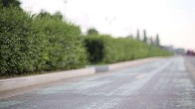 Two girls in roller skates, knee and elbow pads ride on rollers