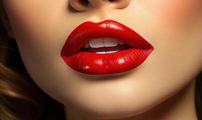 Close-up of perfectly shaped full lips painted with vibrant red lipstick, symbolizing glamour, beauty, makeup artistry, and feminine allure