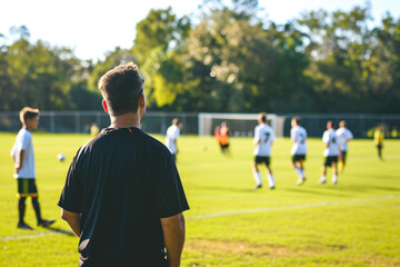 A male coach of a school soccer team on a field - obrazy, fototapety, plakaty
