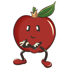 vector illustration of a cute red apple character mascot with a king's crown folding his arms calmly, work of handmade