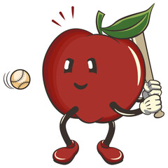vector illustration of a cute red apple character mascot ready to hit a baseball with a bat, work of handmade