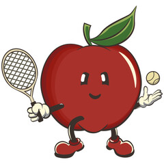 vector illustration of cute red apple character mascot practicing tennis with a tennis racket and ball, work of handmade