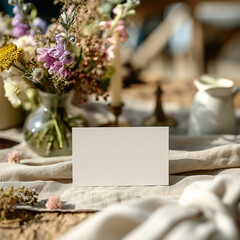 Naklejka na ściany i meble Table place with blank card on white wooden table with bohemian decorations close up. Boho wedding place card mockup.