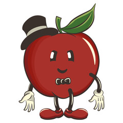 vector illustration of a cute red apple character mascot in a hat and bow tie, work of handmade