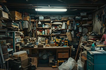 Vintage Garage Treasures: Cluttered Garage Filled with Various Old Items and Memorabilia - obrazy, fototapety, plakaty