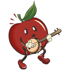 vector illustration of a cute red apple character mascot playing a banjo musical instrument, work of handmade