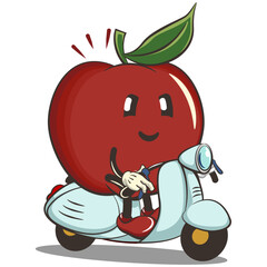 vector illustration of cute red apple character mascot riding a scooter, work of handmade