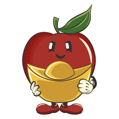 vector illustration of cute red apple character mascot carrying ancient chinese gold money