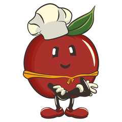 vector illustration of a cute red apple character mascot wearing a chef's hat and wearing a red scarf, work of handmade