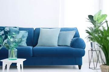 Modern living room with a blue sofa with decorative pillows and plants 