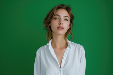 Mockup Of Young Woman In White Shirt Against Green Background