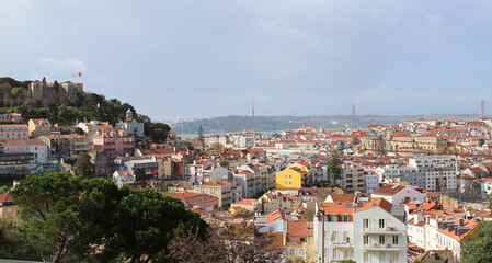 Panoramic view from above to the city on a spring day.Lisbon. Portugal.
