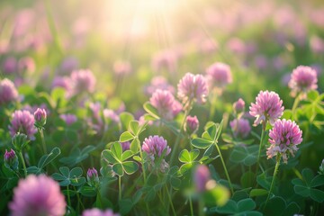 Obraz premium Morning Light Illuminates Meadow Of Clover Wildflowers, Creating Soft, Picturesque Scene