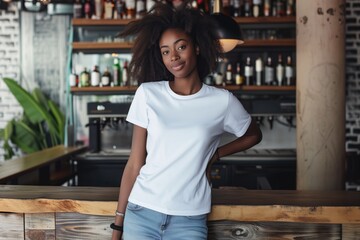 Stylish Black Woman In White Tshirt And Jeans At Cafe, Showcasing Tshirt Design Mockup