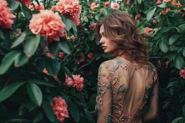 Naklejka premium Stylish Woman Embraces Nature While Wearing Elegant Dress In Garden